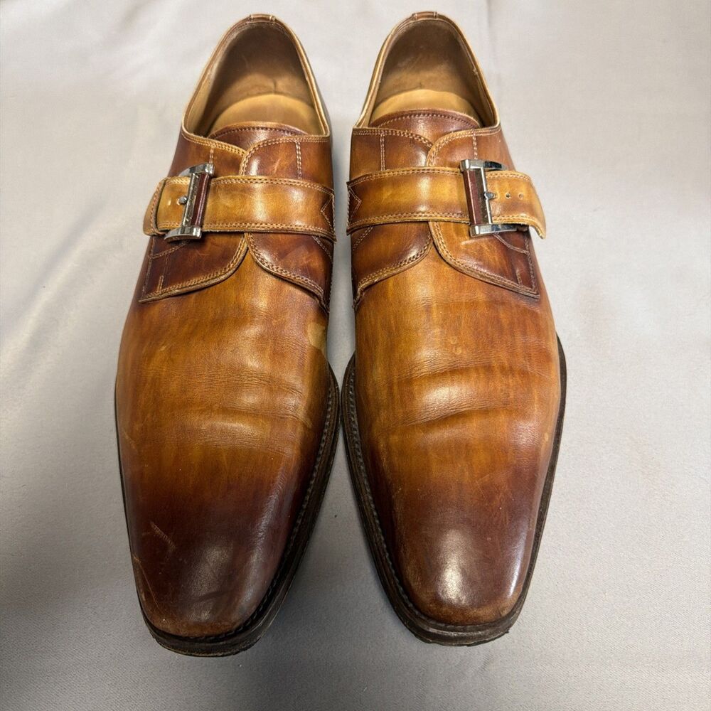 Magnanni Men’s Monk Strap 11.5 M Light Brown Burnished Leather Dress Shoes